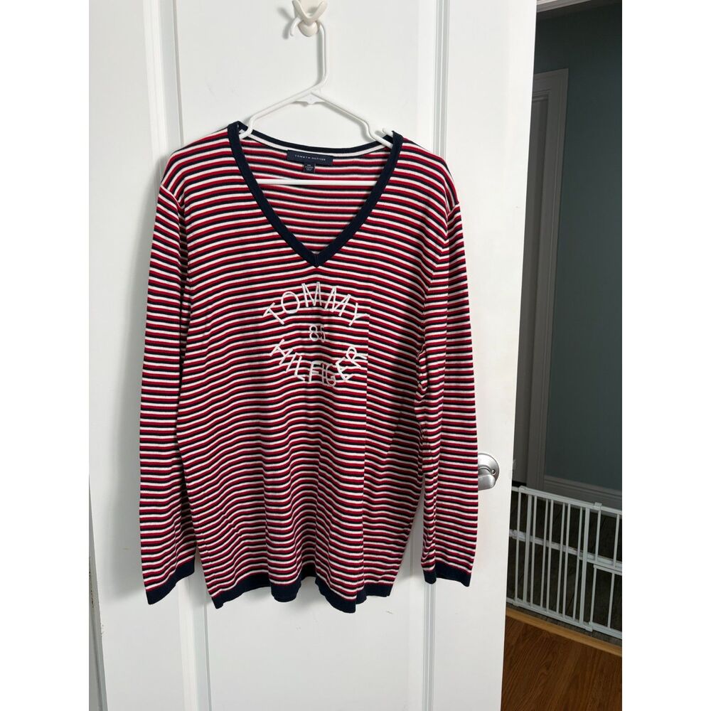 Tommy Hilfiger Striped V-Neck Knit Sweater XXL Red White Navy Embroidered 85